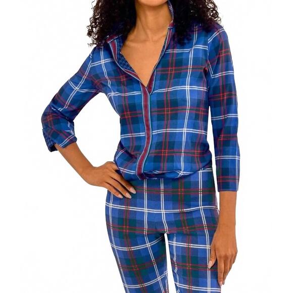 NEW GRETCHEN SCOTT middleton plaid puff sleeve top shirt in blue - Picture 1 of 5